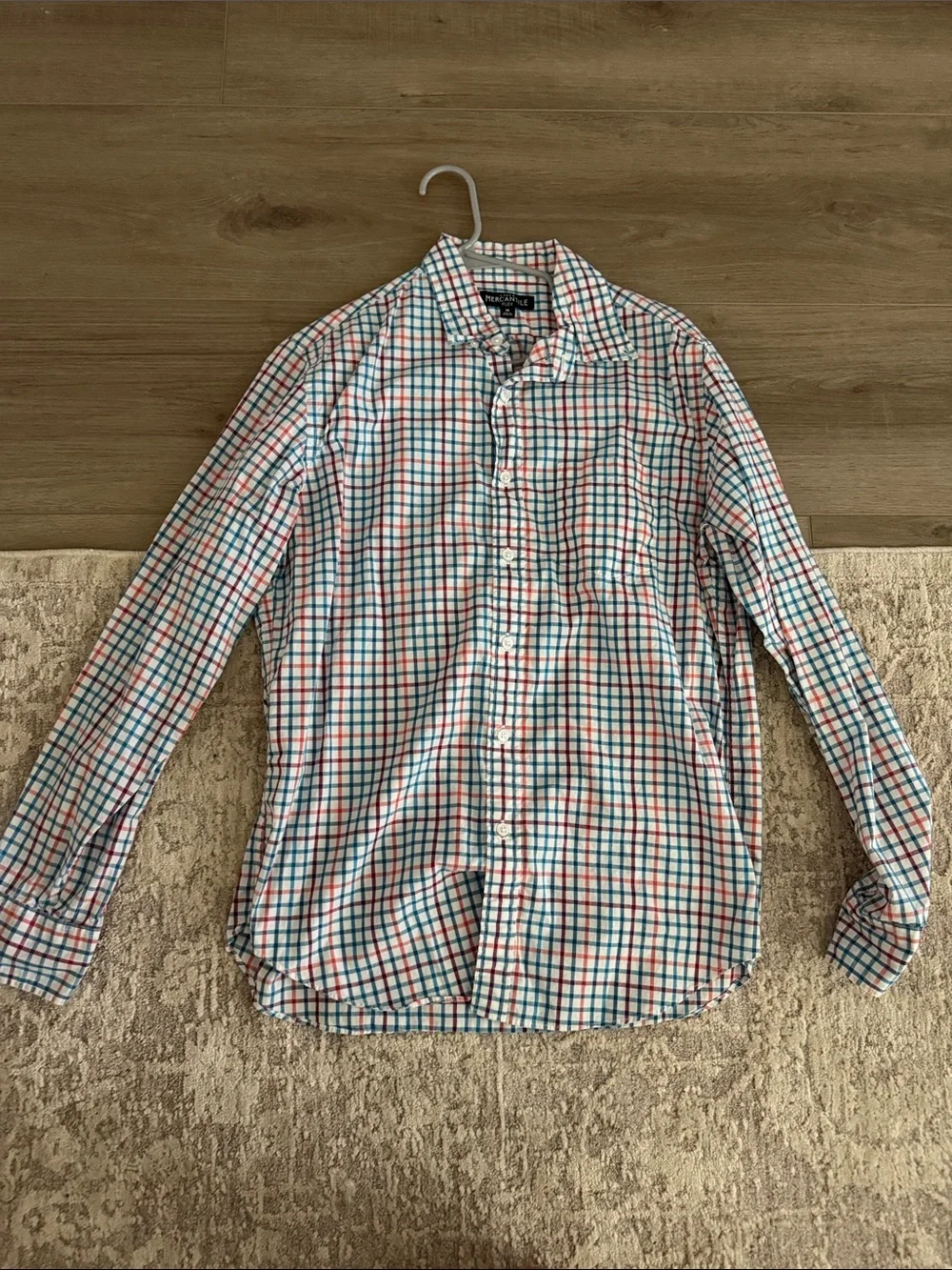 J. Crew Men's White Button-Up Shirt with Blue & Red Check